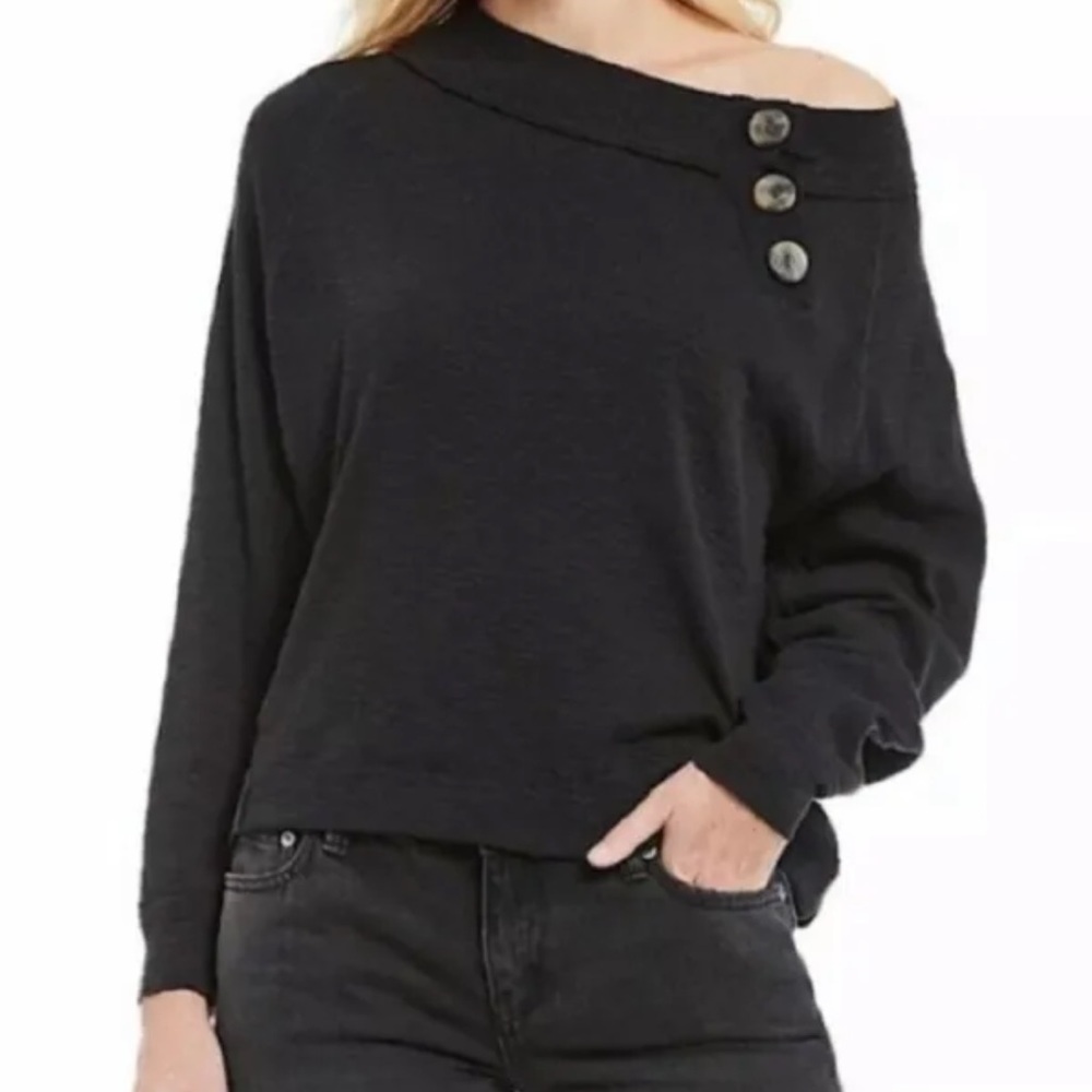 Free People | Black Don't Forget Me Knit Button Off The Shoulder Tee Size Small